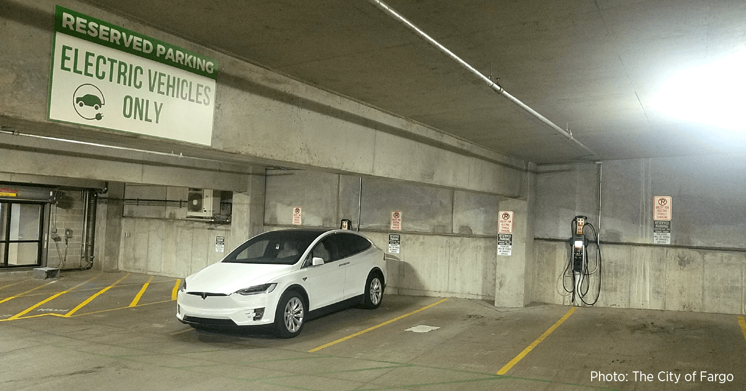 Car charging at Roberts Commons, Fargo, North Dakota