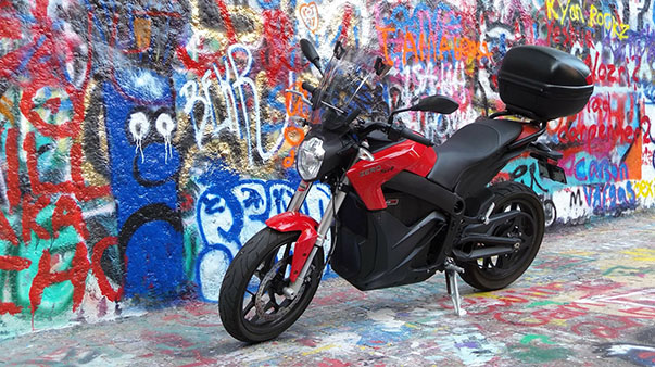 The Zero electric motorcycle with a colorful background