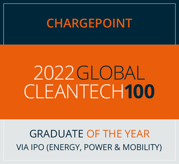 ChargePoint named 2022 Global Cleantech 100 Graduate of the Year for becoming a publicly traded company in the Energy, Power and Mobility category